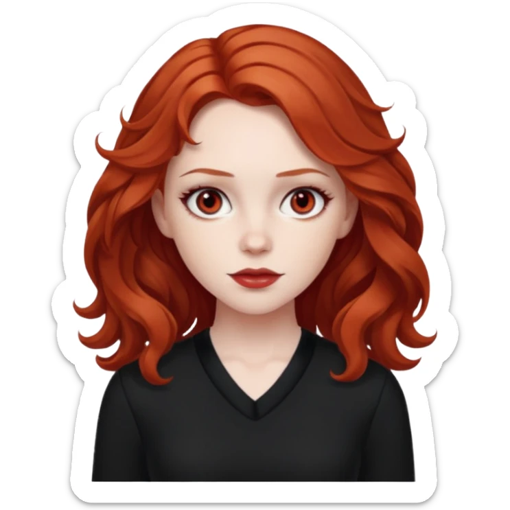 Sarah Blane from Summer of Fear with medium red wavy hair, white and red eyes, black outfit sticker