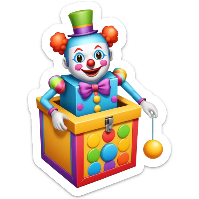 A "jack-in-the-box" is a children's toy consisting of a colorful box from which a clown with a spring for a body jumps out of the colorful box after spining the crank sticker