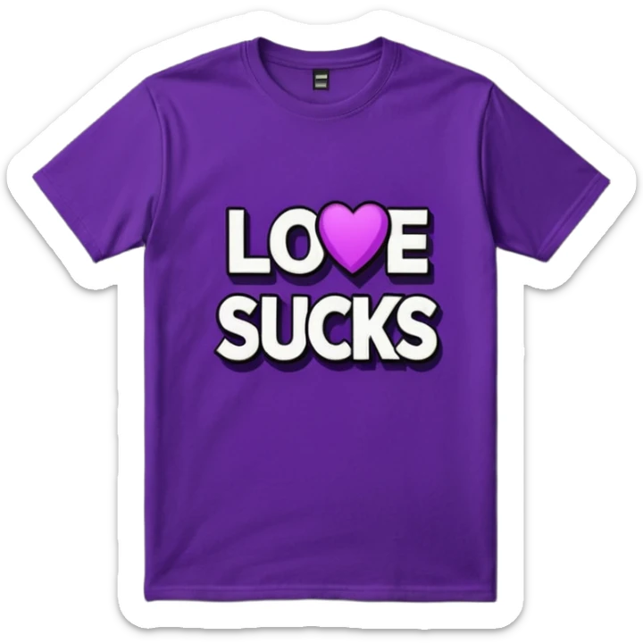 Vivid purple graphic tshirt with " love sucks"  bold white color typography print, with black color shadow behind typography print" no emoji icons, no human figures, must be 8k, 8000x8000px resolution. Must be smooth, clean appearance, isolated. sticker