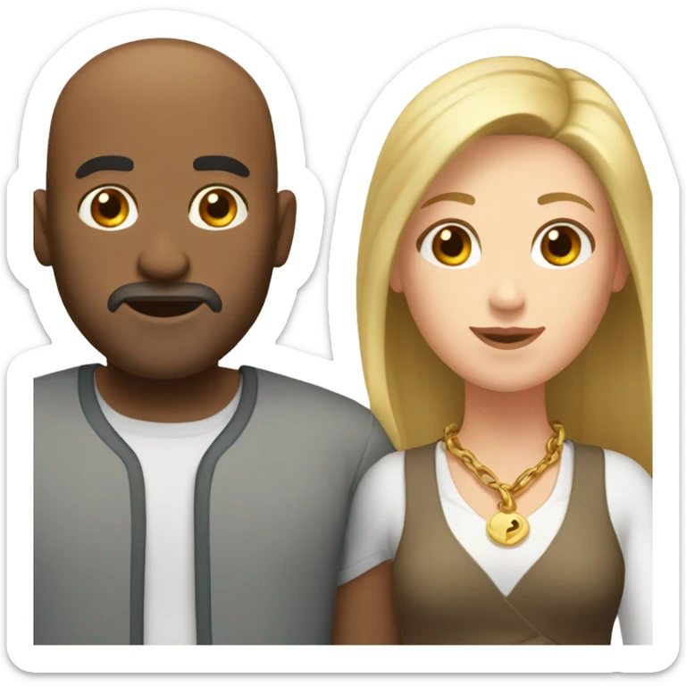 Brown bald man with chain hair and white woman long brown hair sticker