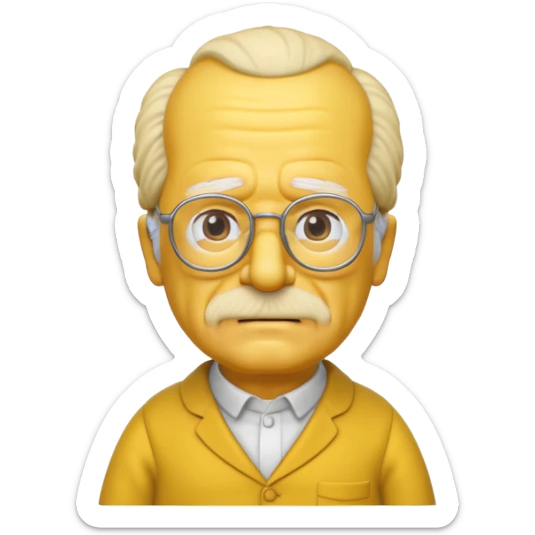 A 3D cartoon close-up of Grandpa Abe Simpson from The Simpsons, rendered in Memoji-style with bald yellow head, white tufts of hair on the sides, wrinkled face, glasses, and warm lighting. Match the Simpsons family color tone and style, yellow dress. sticker