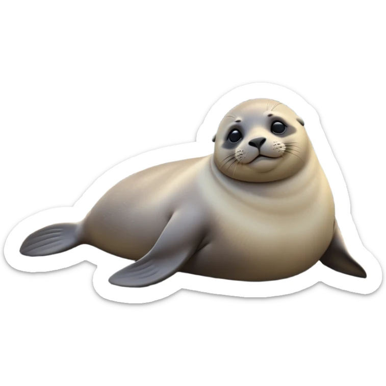cinematic-seal-realistic-full-body-lounging-emoji,-plump-sleek-body-stretched-out-on-a-rocky-shoreline,-short-smooth-fur-glinting-in-the-sea-breeze,-flippers-tucked-comfortably-beneath-its-body,-large-dark-eyes-filled-with-playful-curiosity,-whiskered-muzzle-lifted-slightly-as-if-smiling,-simplified-yet-realistic-focused-features,-highly-detailed,-glowing-with-a-refreshing-marine-radiance sticker