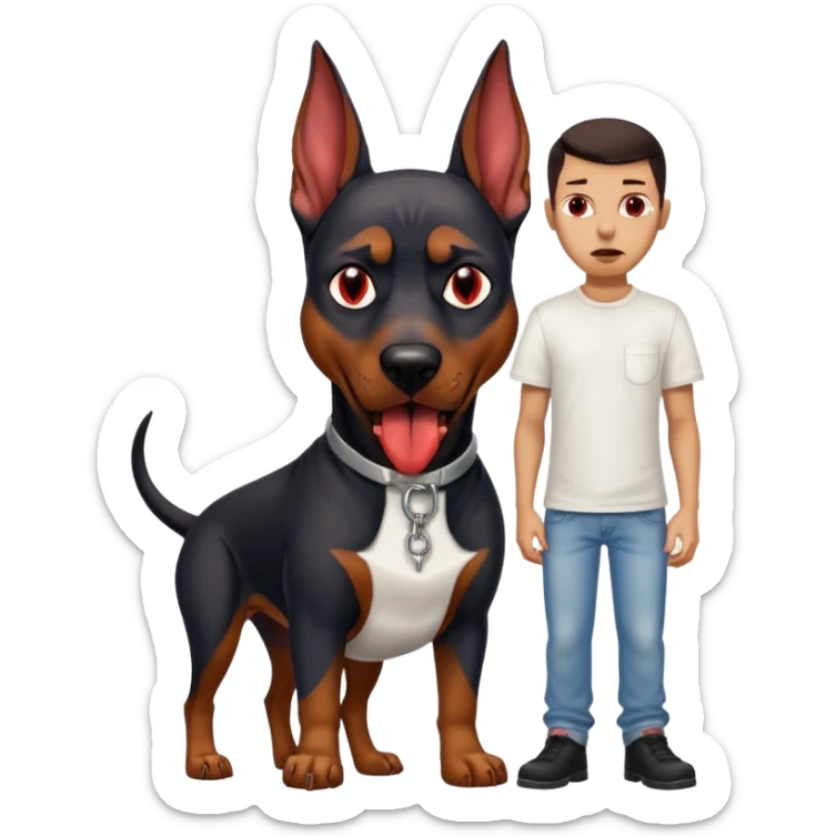 Generate a emoji of a big evil doberman dog with red eyes and a tongue sticking out, give the doberman a human body with a white shirt and baggy jeans sticker