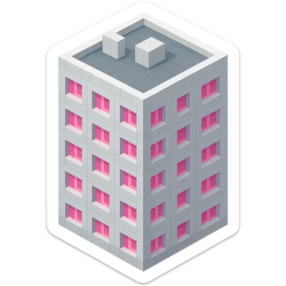 Russian panel apartment building, square block, light gray, pink windows, isometric view sticker