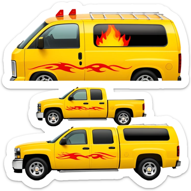 Yellow Chevrolet C-2500 Crew Cab with movie-accurate red flame vinyl graphic on the hood, exactly like the Kill Bill 'Pussy Wagon', 30-degree view, iOS emoji style sticker