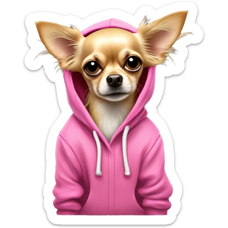 homeless dirty long haired blonde chihuahua in a huge pink hoodie sticker