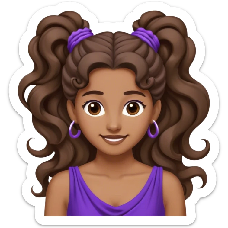 Young woman with long brown hair tied in a high voluminous ponytail, with a single curl falling over her forehead. Her hair is wavy at the ends. She wears a flowing purple dress inspired by ancient Greece and has a mischievous smile sticker