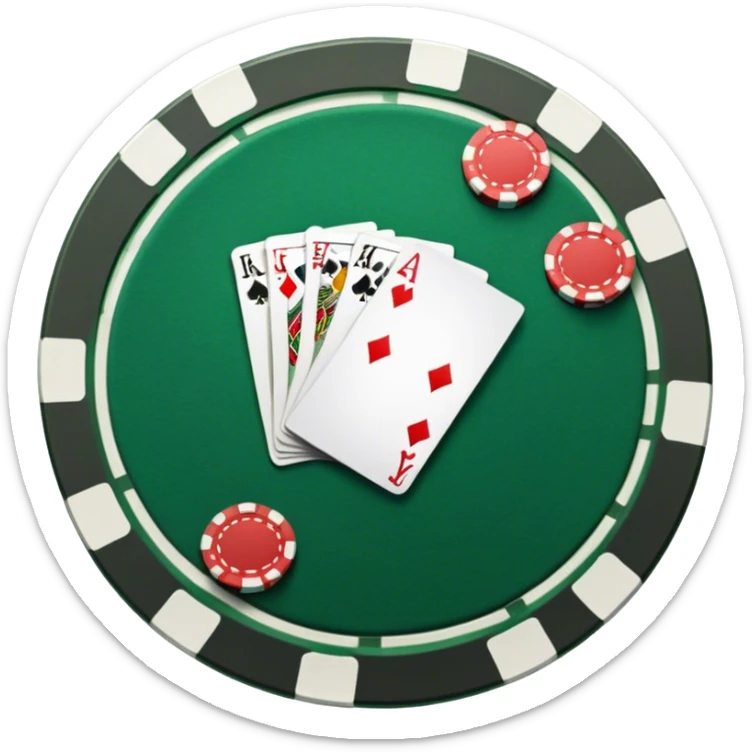 A photorealistic icon with playing cards and poker chips on a round green felt table. Detailed design with realistic lighting and textures, focusing on the classic atmosphere of card games. Transparent background, symbolizing card games and strategy. sticker