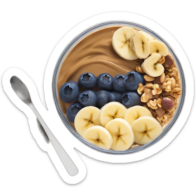 Açai bowl in a clear cup with layers of peanut butter, cashew nuts, granola, condensed milk and banana sliced and blueberrys on top sticker
