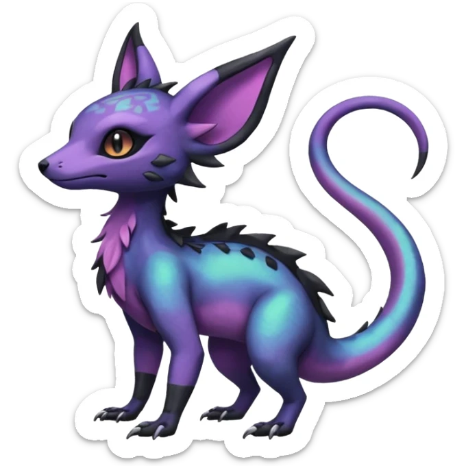 Rare epic aesthetic iridescent spooky gloomy colorful Salandit-Noibat-Eevee-Genet-species-Fakemon-hybrid-creature, with markings, full body sticker