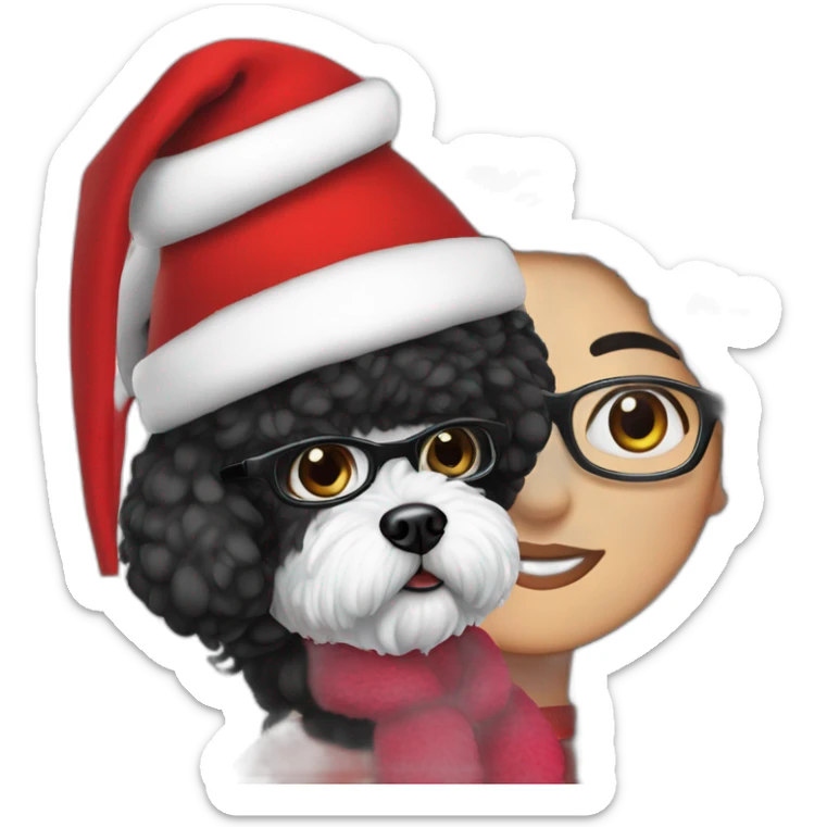 woman-black hair-christmas hat-with glasses-with bichon dog-white-smile sticker