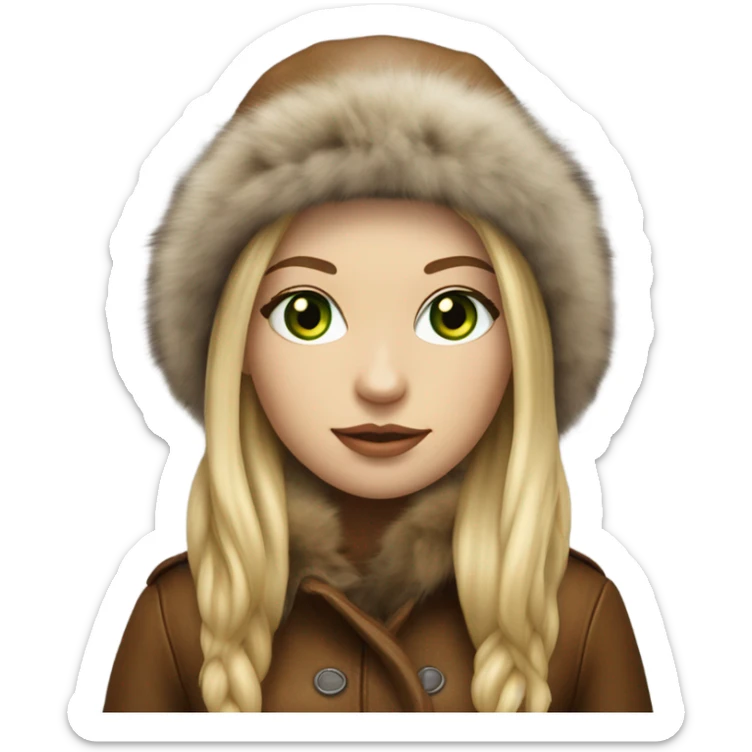 Realistic White girl with Long straight blonde hair, green eyes, tattoos, full body wearing Brown fur coat and fur hat and Brown leather boots sticker
