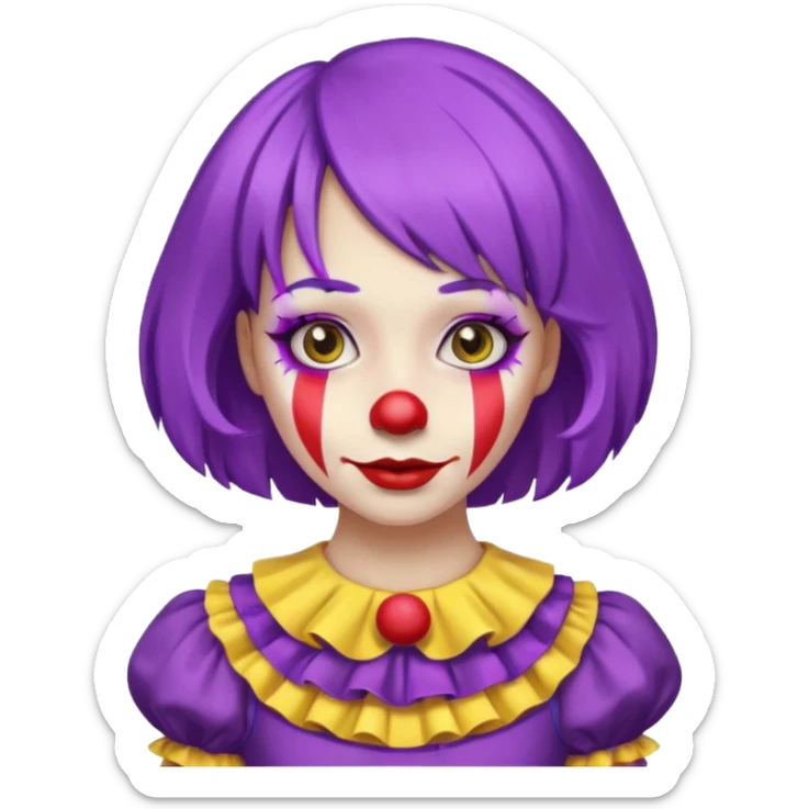 Clown girl with the human style. Has a purple wig, simple makeup, and a yellow dress sticker