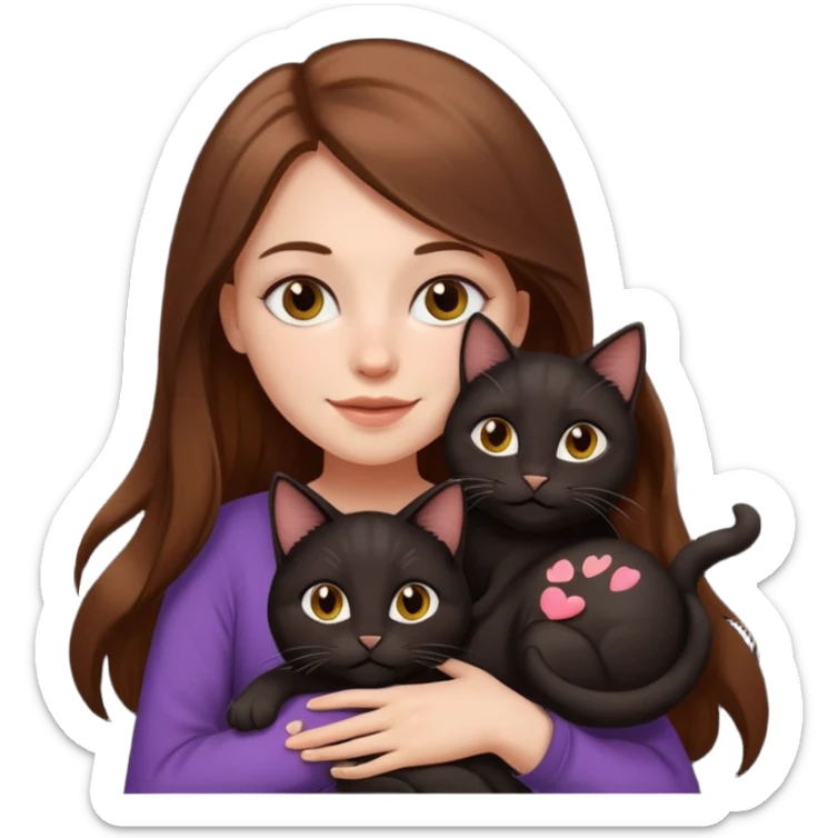 white girl, long brown hair, cheerful and awake, cuddling two black cats, emoji style sticker