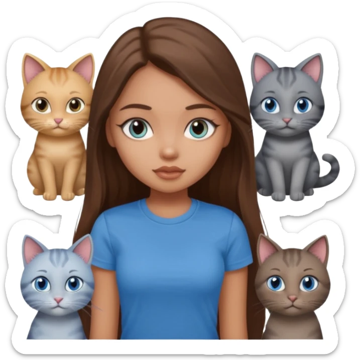 a pretty bratz dusky light skin girl with long brown hair, blue eyes with six cats nd wearing a grey tshirt sticker