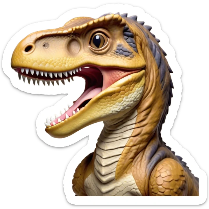 Cinematic Realistic Cute Yawning velociraptor/T-rex Portrait Emoji, Head tilted slightly with a dramatic, wide-open yawn, showcasing a massive, rugged scaled hide with subtly drooping features and half-closed, drowsy eyes rendered in authentic prehistoric detail, high shine, relaxed yet expressive, styled with a dash of ancient charm, soft glowing outline, capturing the essence of a sleepy yet affectionate velociraptor/T-rex that appears ready to stretch out and settle into a timeless nap! sticker