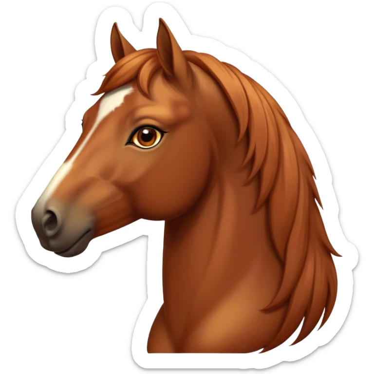 Cinematic Noble Chestnut Horse Portrait Emoji, Poised and regal, with a strong, athletic build and a lustrous, well-groomed chestnut fur, deep-set soulful amber eyes, Simplified yet sharp and sophisticated features, highly detailed, glowing with a warm, dignified glow, high shine, intelligent and majestic, stylized with an air of equine elegance, focused and attentive, soft glowing outline, capturing the essence of a watchful and confident steed, so majestic it feels as though it could gallop out of the screen with effortless authority! sticker