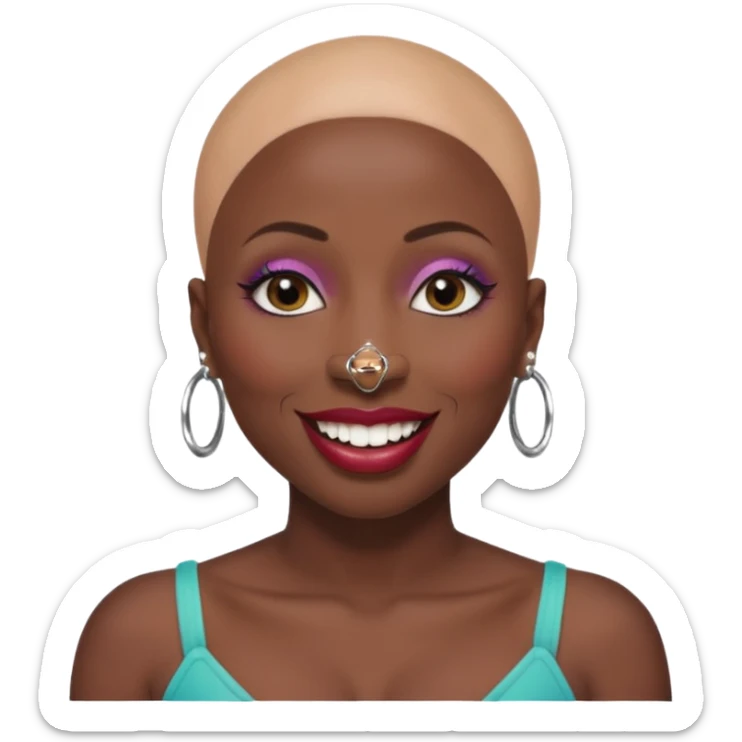 Grown black (proud) woman, bald with a perfect head, a prominent nose with a septum piercing, many piercings on her ears, a gap between her front teeth and very long nails (cynthia erivo) a proud lesbian, with long lashes and glam makeup sticker