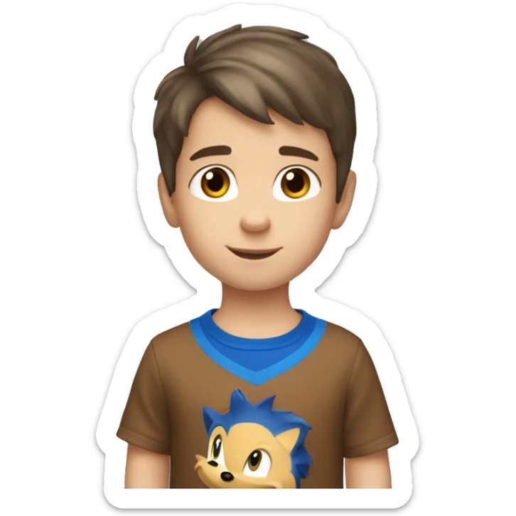 A young 5 year old white boy with short brown hair and brown eyes wearing a blue sonic the hedgehog shirt
 sticker