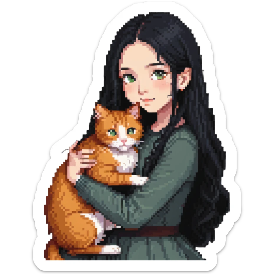 Beautiful girl with long black hair hugs a ginger cat sticker