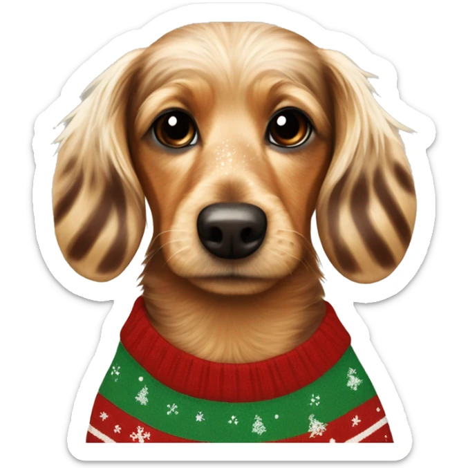 Speckled blonde and brown hairy dachsund wearing a stripy Christmas jumper sticker