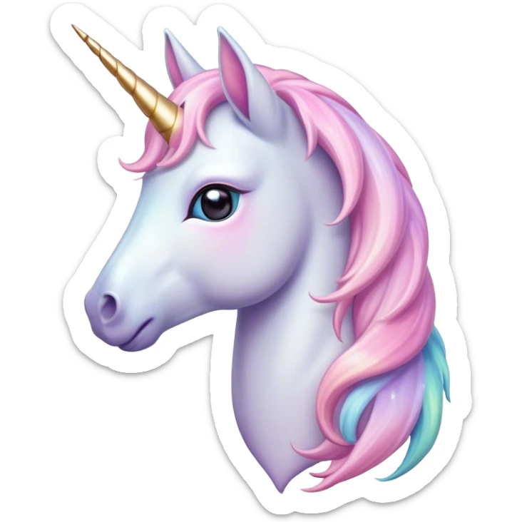 Cinematic Noble Unicorn Pony Portrait Emoji, Poised and graceful, with a delicate, miniature equine build adorned with a soft, pastel color, a tiny, shimmering horn and a silky mane that hints at magical charm, Simplified yet sharp and sophisticated features, highly detailed, glowing with a soft, enchanted glow, high shine, intelligent and spirited, stylized with an air of fairy-tale elegance, focused and poised, soft glowing outline, capturing the essence of a watchful and confident unicorn pony that appears ready to trot out of the screen with graceful magic! sticker
