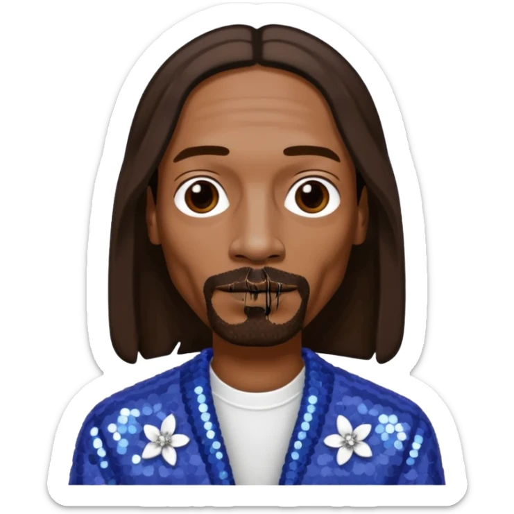 Snoop Dogg with long dark brown hair, periwinkle sequin outfit sticker