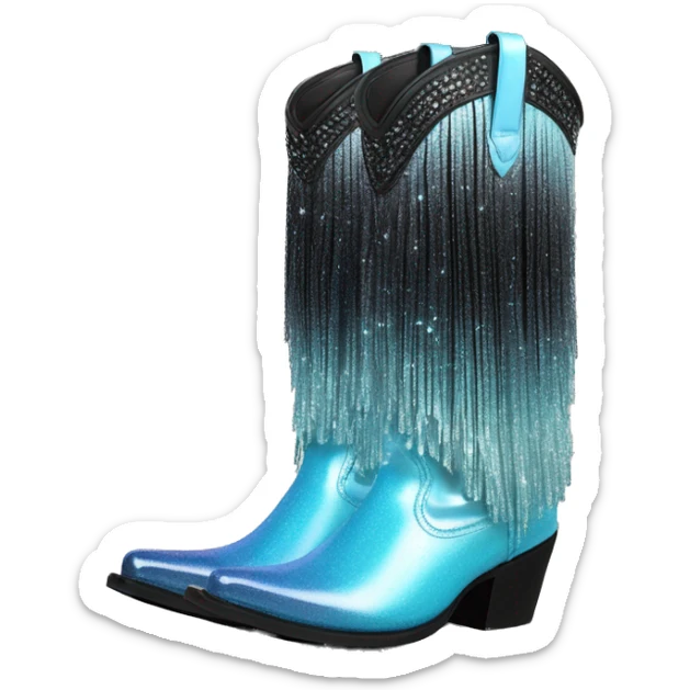 Realistic pastel blue to black ombre pair of fashion cowgirl boots with sparkly shiny glitter fringe on them. sticker