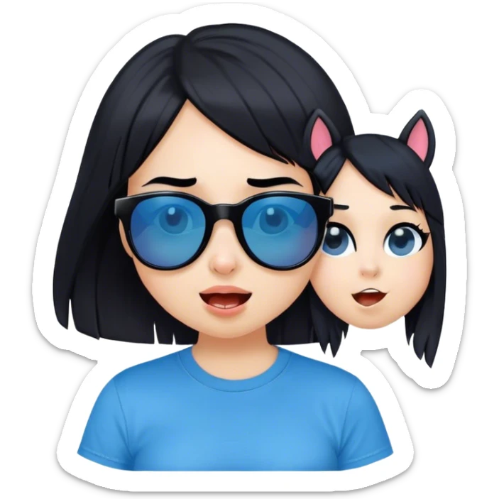 A girl with black bob hair with pony, wearing black sunglasses，funny(0.5) face (0.5)，wacky expression, a blue t-shirt. lovely. cute sticker
