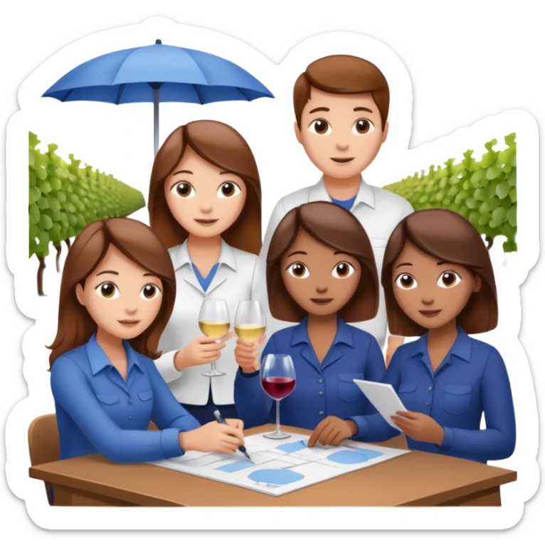 Make a photo of 5 project managers, specifically 3 girls with brown hair and 2 boys, that are making project for improvement of the winery sticker