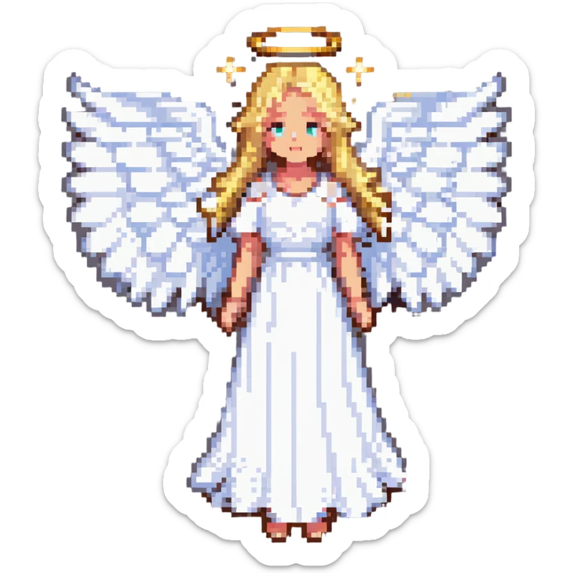blonde angel girl with glowing white wings, gentle halo above her head, wearing flowing white dress, radiating purity and light, pixel art emoji style sticker