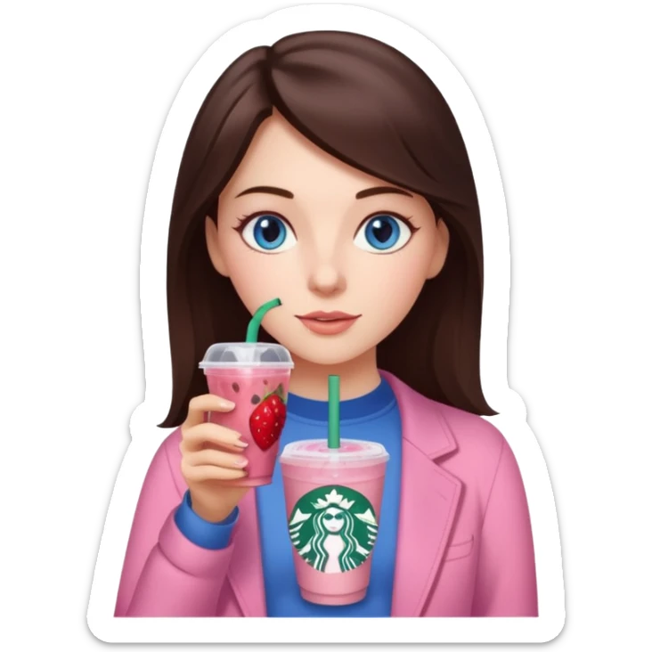 make an emoji of a brunette blue eye girl wearing light pink drinking a strawberry acai refresher from starbucks sticker