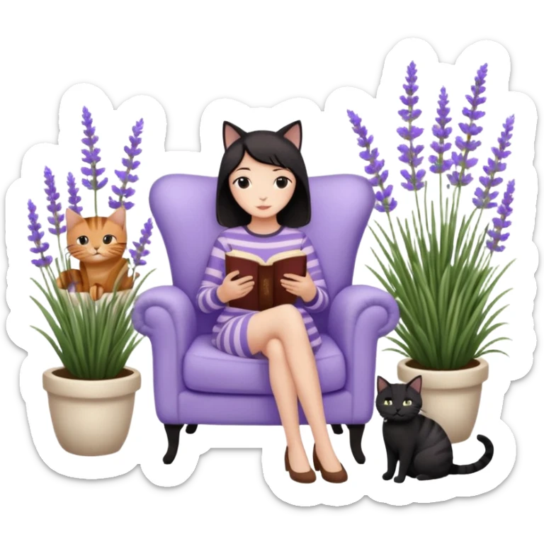 moji illustration, full body woman reading a book on a cozy armchair in a lavender garden, two separate cats next to her (one solid black cat, one brown tabby cat with stripes), small side table with coffee mug, soft peaceful vibe sticker