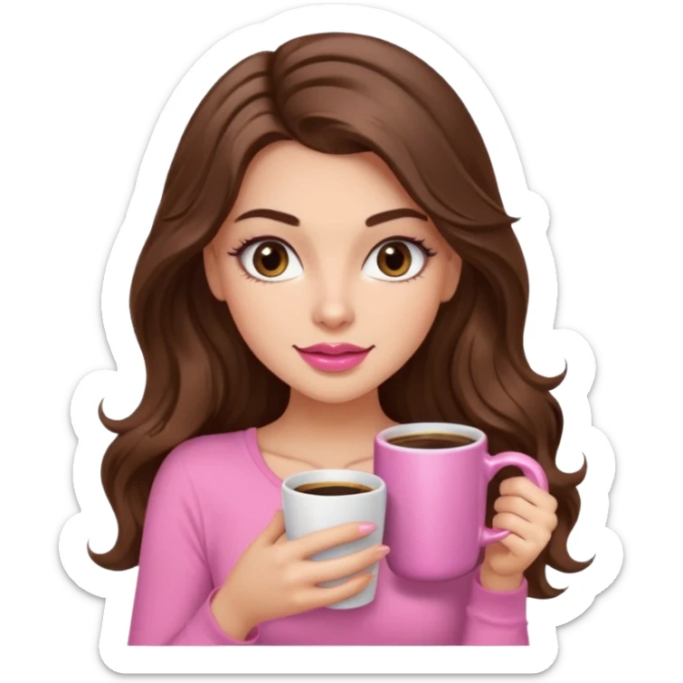girl with long wavy brown hair, brown eyes, long lashes,sexy pink lips, light to medium complexion, pink sexy top, with a coffee mug sticker