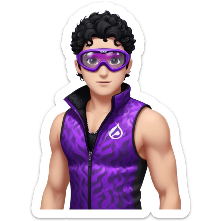 male athlete with white skin and moderately curly black hair on top with shaved sides, wearing ski goggles with purple frames and very dark black lenses, a simple plain black chain necklace, and a completely unzipped sleeveless vest with purple and black sequin fire pattern design, fully revealing his chest, shoulders and arms, no earrings sticker