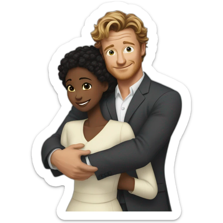 Simon Baker hug a black girl brown eyes and sblack hair in a bun sticker