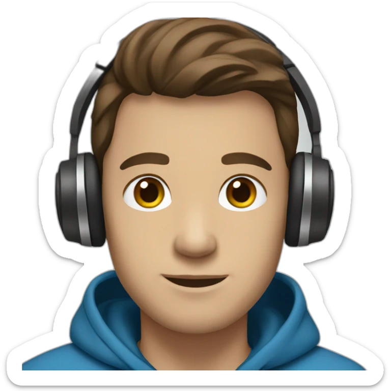 male, brown hair, brown eyes, headphones, blue hoodie sticker