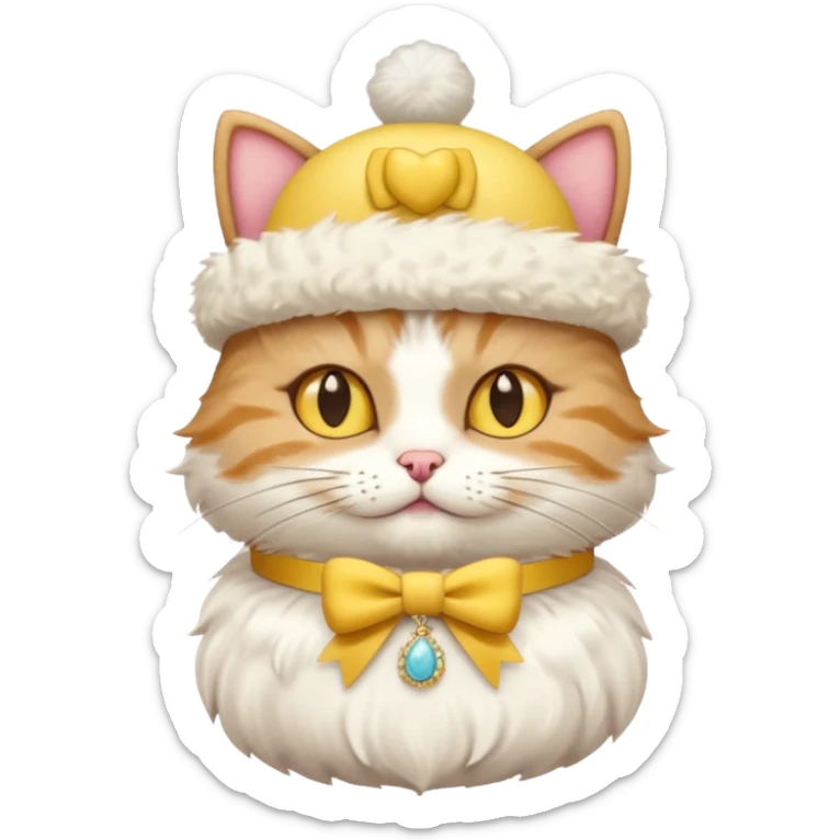 cat wearing a creamy cake hat with fun necklace around his neck and a yellow bow in the middle sticker