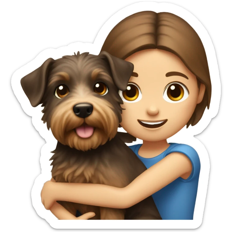 Yorkshite terrier being held by a girl with brown hair, brown eyes and fair skin. sticker