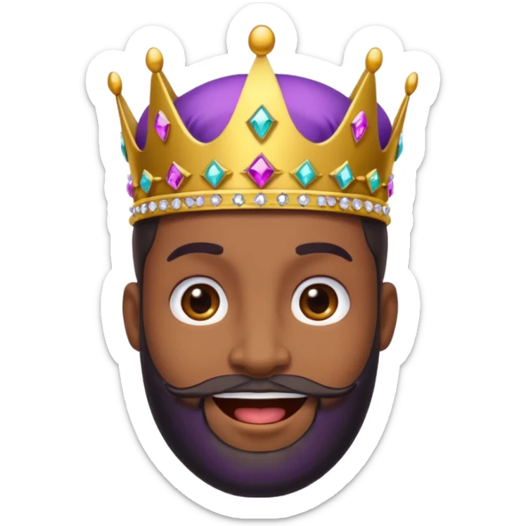 Create a cartoon-style emoji of Baltasar, one of the Three Wise Men. Only show his face and crown. He has a joyful expression, black beard, and a purple and gold crown with jewels. Make it colorful, simple, and suitable as an emoji. sticker