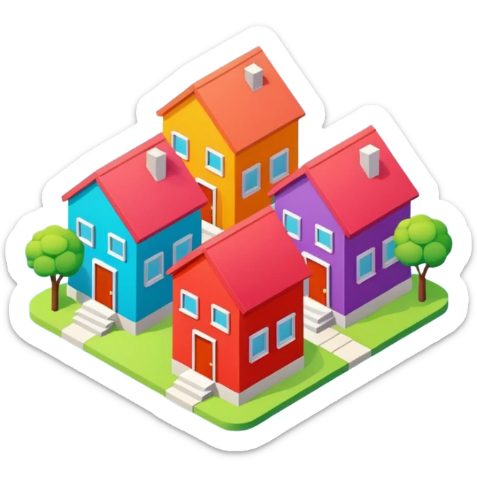 group of 3 houses representing neighborhood isometric houses on transparent background similar in style to the iphone icons sticker