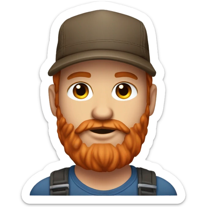 Red haired long bearded white man with freckles overweight trucker wearing a flat bill Kenworth hat  sticker