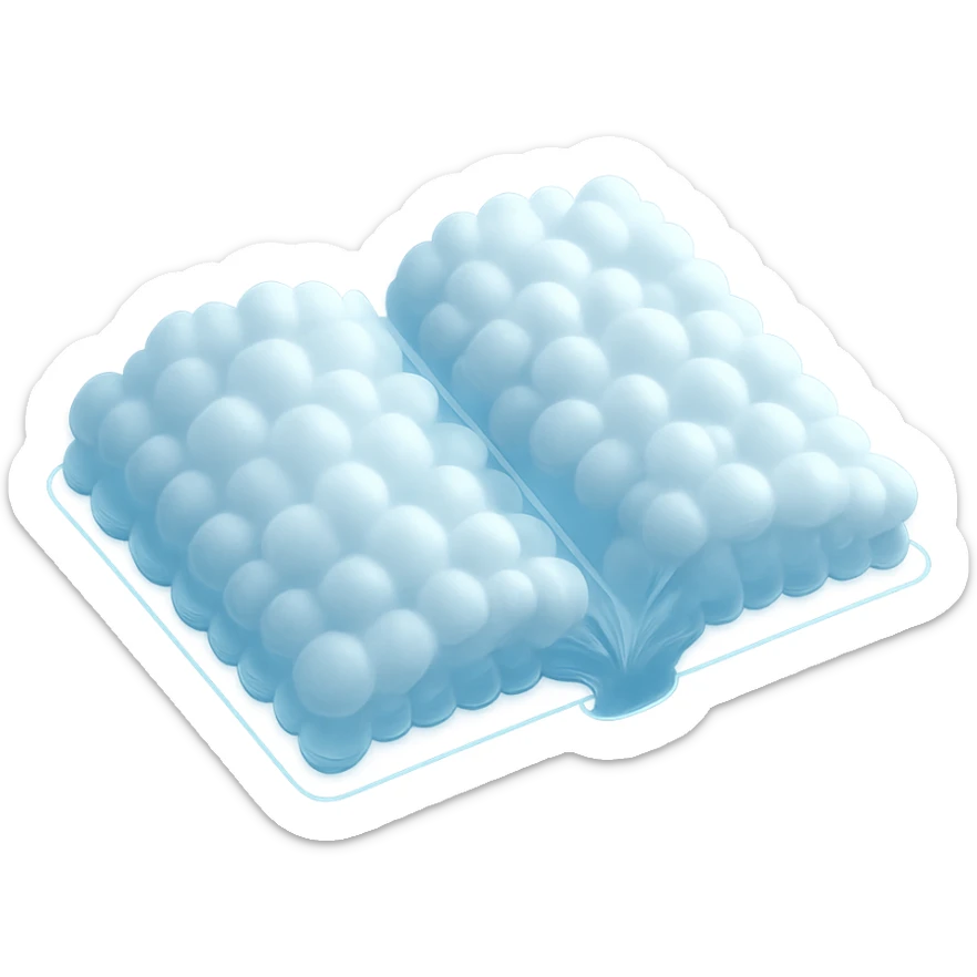 top view of a thick open book made entirely of small, very bright white fluffy convex clouds, matte glass style, emphasis on volume and airiness, no background sticker