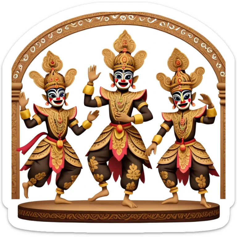 ​Cinematic Realistic Wayang Golek Ayun-ayun Dancers, depicted as intricately carved traditional wooden puppets in dynamic dance poses, adorned with vibrant painted details and expressive features, set against a softly lit stage that evokes centuries of Indonesian cultural heritage, rendered with lifelike textures and dramatic atmospheric lighting, sticker