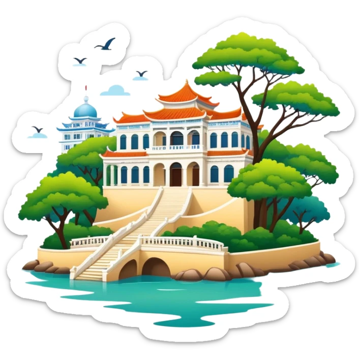 Xiamen Gulangyu Island with shady trees and colonial buildings, simplified emoji style with bold outlines and bright colors, cartoon style island with piano shape sticker