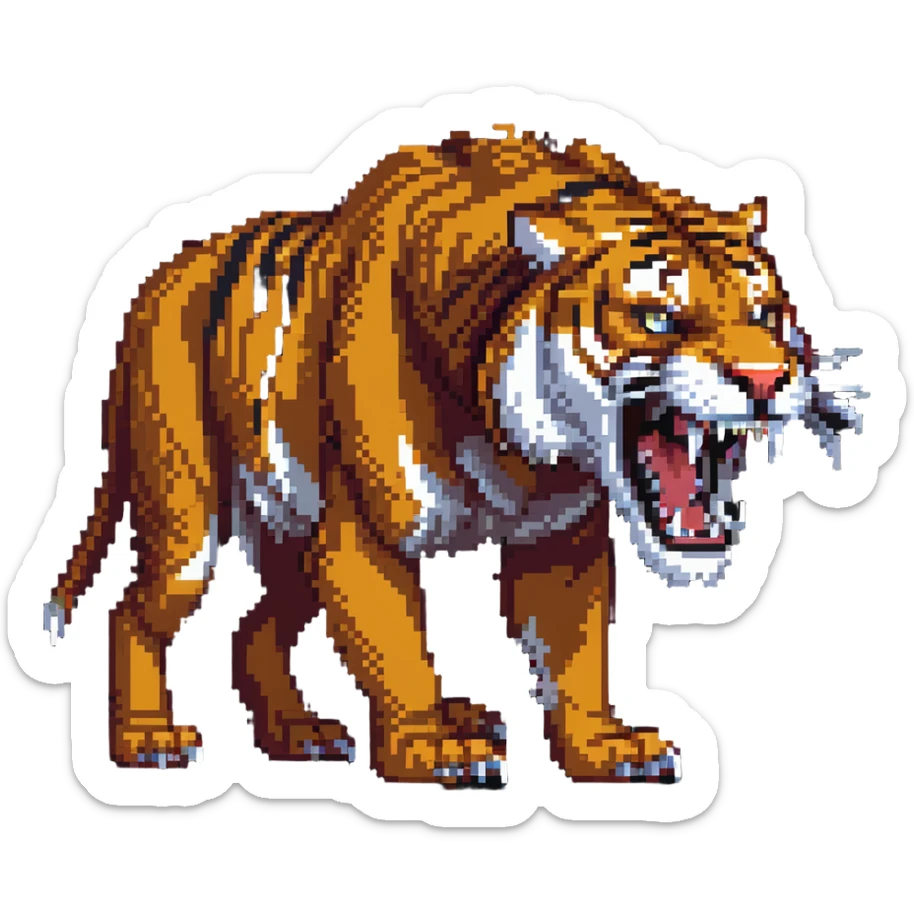 saber-toothed tiger with a miniature body and massive 8-inch-long canine teeth, extremely exaggerated fangs extending far from tiny head sticker