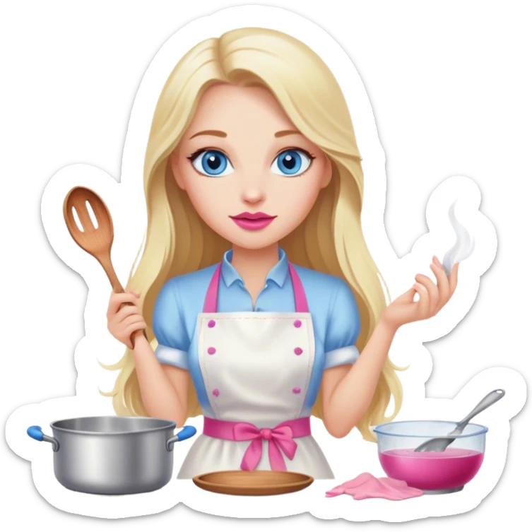 Cinematic realistic beautiful blonde with long hair, blue eyes and pink lips in a white dress cooks sticker