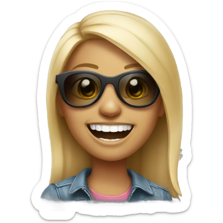 realistic portrait of girl laughing wears sunglasses  sticker