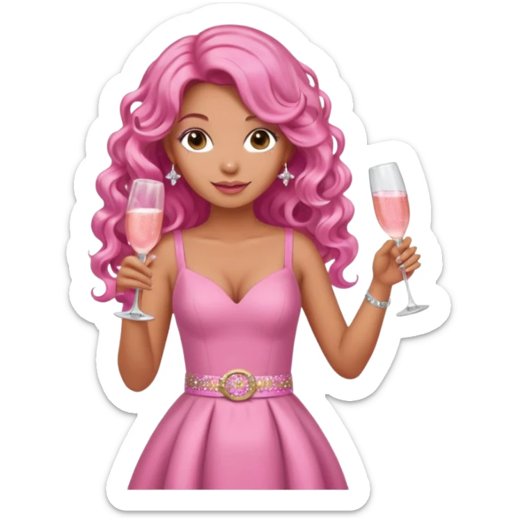 One lady with long pink curled hair and tan skin wearing a pink dress with sparkly belt holding a glass of pink champagne in each hand sticker