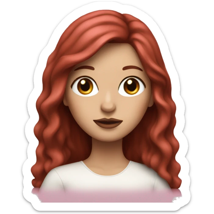 Woman with a white skin that has Long Dark red hair and brown eyes with an eyeliner and lashes coding on a pink macbook sticker
